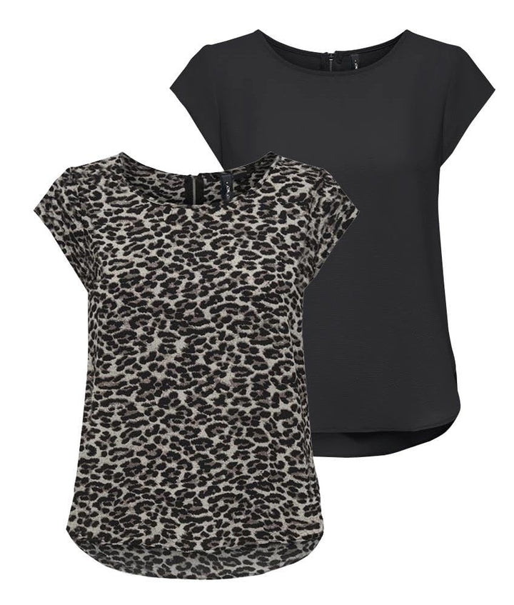 ONLY Damen Onlvic S/S Solid AOP Top Ptm T-Shirt, Blusenshirt, Kurzarm 34 2er Pack (Pack B: Black/Pum