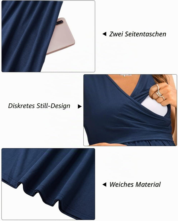 OUGES Damen Sommer Umstandskleid Stillkleid Baumwolle Schwangere Lässiges Frühling Kleider mit Tasch