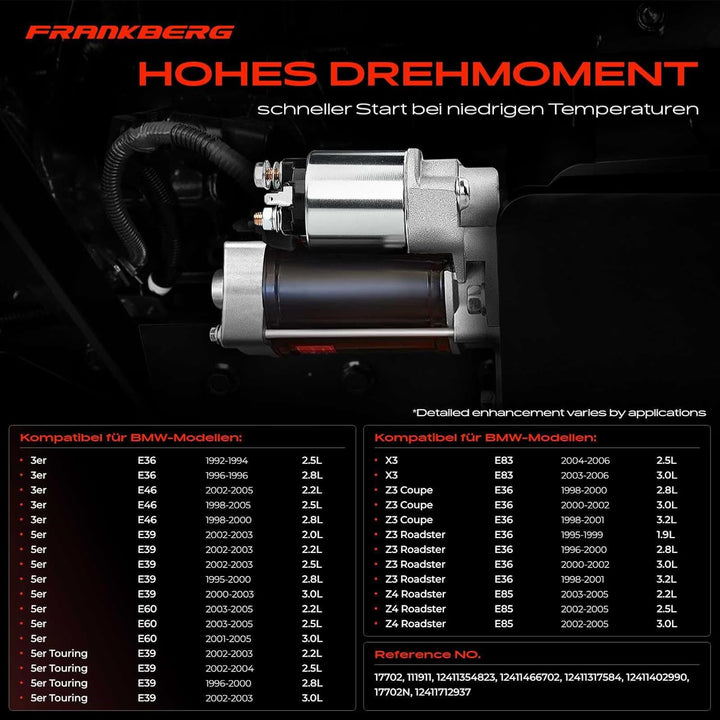 Frankberg Anlasser Starter Benzin Kompatibel mit E46 320 323 330 1998-2007 E60 520 525 530 Z3 R.o.a.