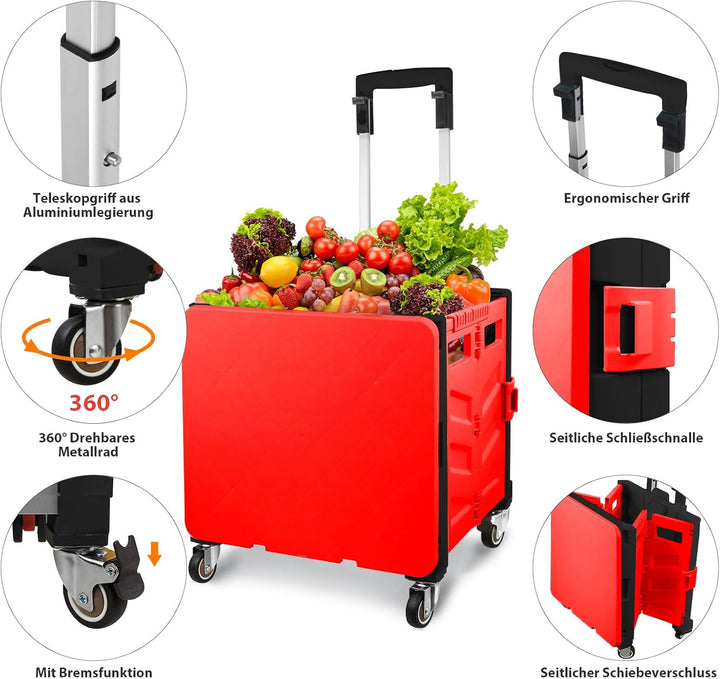 Einkaufstrolley Klappbar, Transport Trolley, bis 50 kg, 50 l Kiste, Einkaufskorb mit Deckel, Auszieh