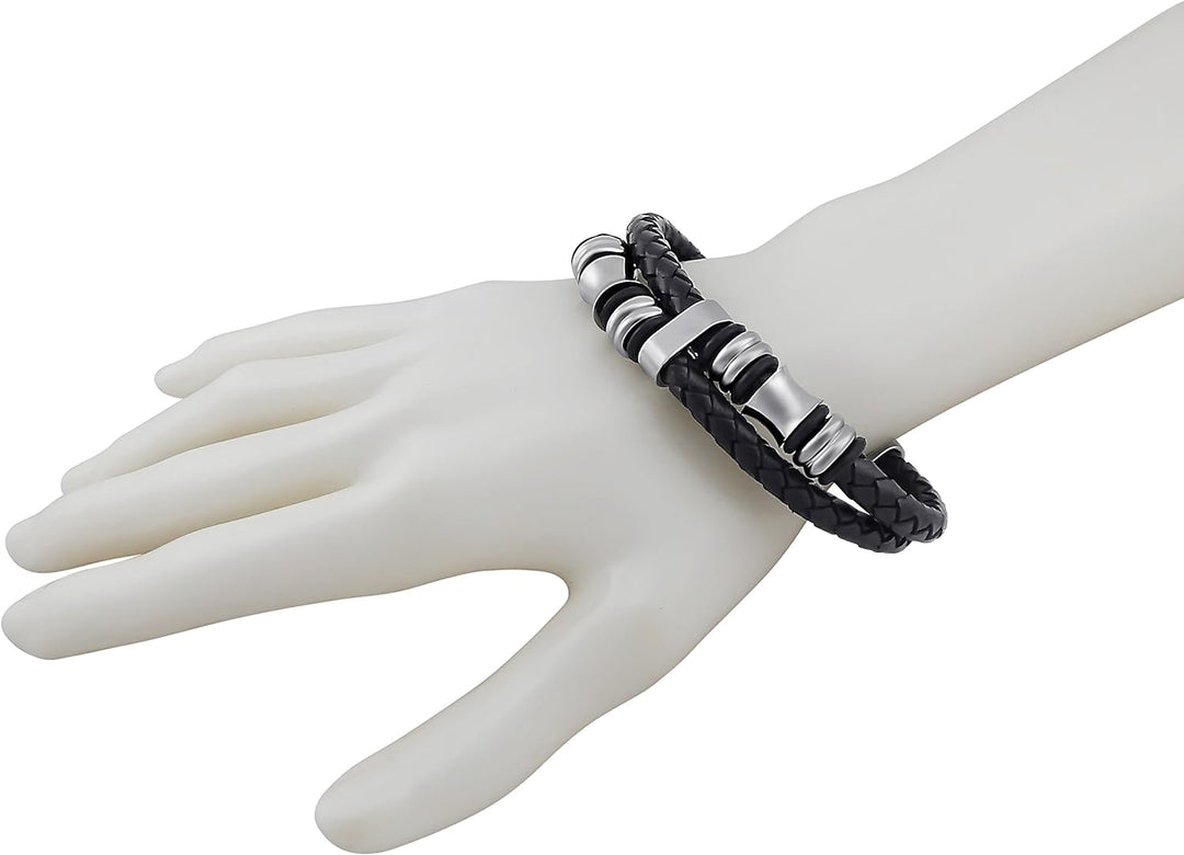 Hanessa 18 cm Echt-Leder Herren Armband Schwarz/Silber vers. Grössen Edelstahl Geschenk zu Weihnacht
