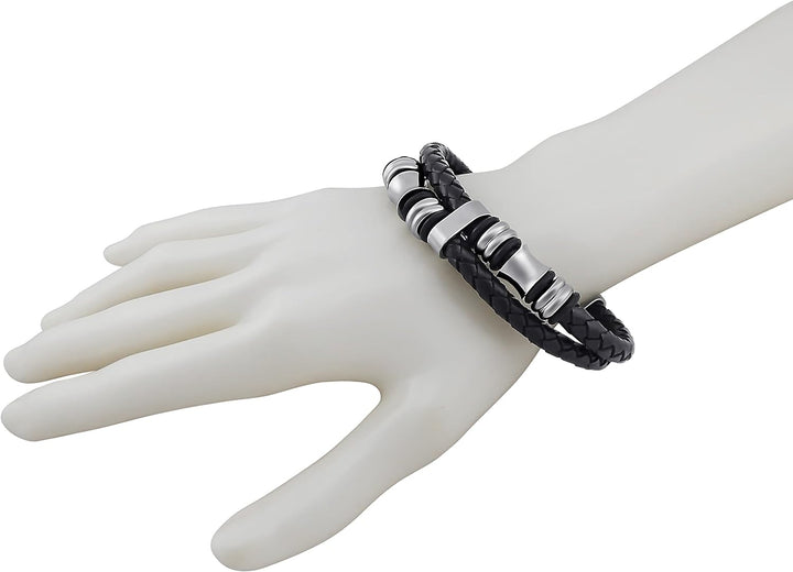 Hanessa 18 cm Echt-Leder Herren Armband Schwarz/Silber vers. Grössen Edelstahl Geschenk zu Weihnacht
