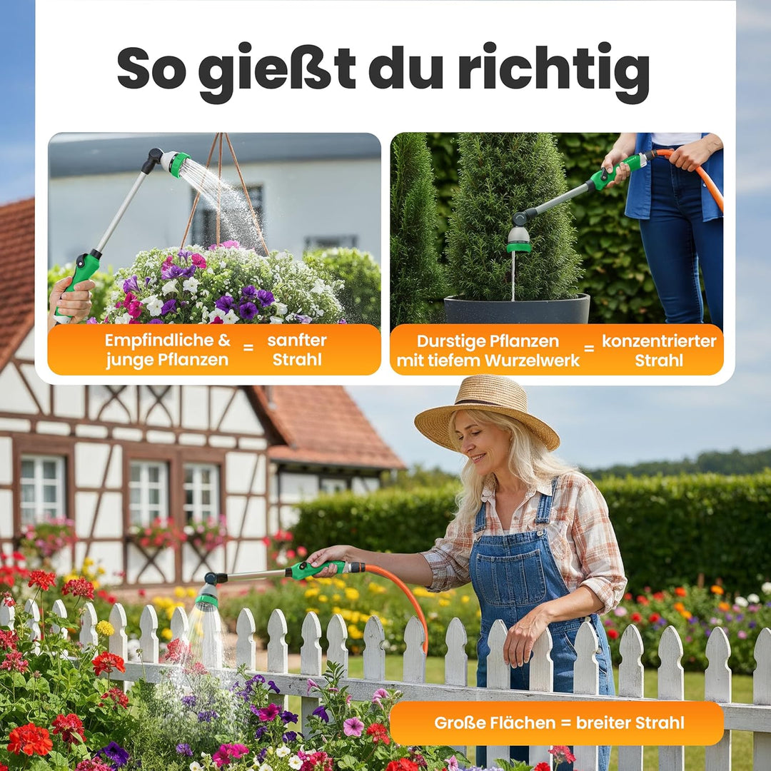rainfactory Giessstab 45cm - Gartenbrause mit Stiel & 8 Sprühbildern - 180° drehbare Giesslanze mit