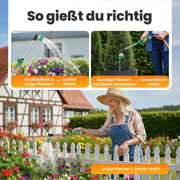 rainfactory Giessstab 45cm - Gartenbrause mit Stiel & 8 Sprühbildern - 180° drehbare Giesslanze mit