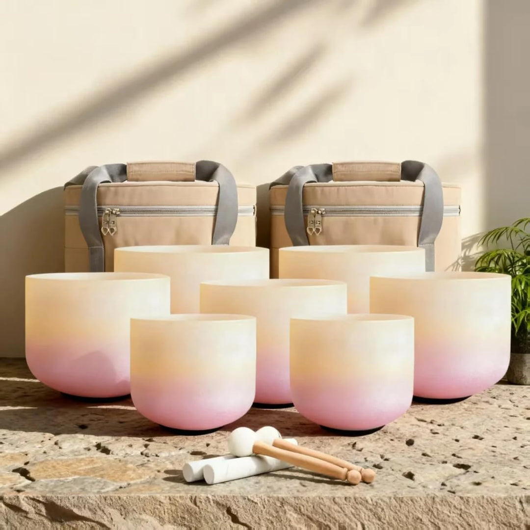 Hye-eun Sunset Kristall Klangschalen Set 432hz, 7-12 Zoll Quarz Crystal Singing Bowl Meditationsset