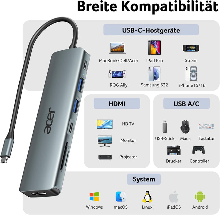 acer USB C Hub, 7IN1 USB-C auf 4K HDMI, 2xUSB 3.0, 1x Typ C 5Gbps, 100W PD, SD/TF Katenleser, Alumin