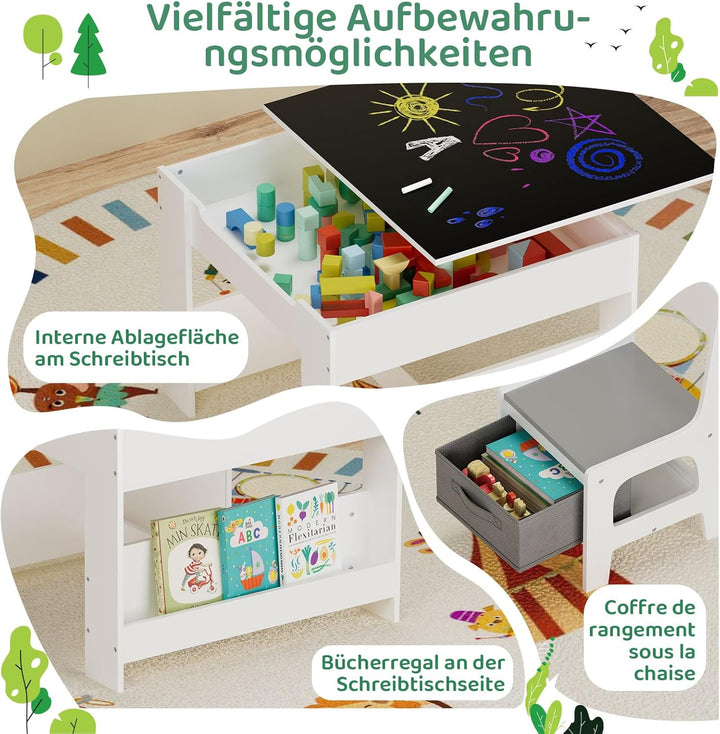 MAMIZO Kindertisch mit 2 Stühlen, 3 in 1 Kinder Tisch Stuhl Set, Kindermöbel Set aus Holz mit Staura