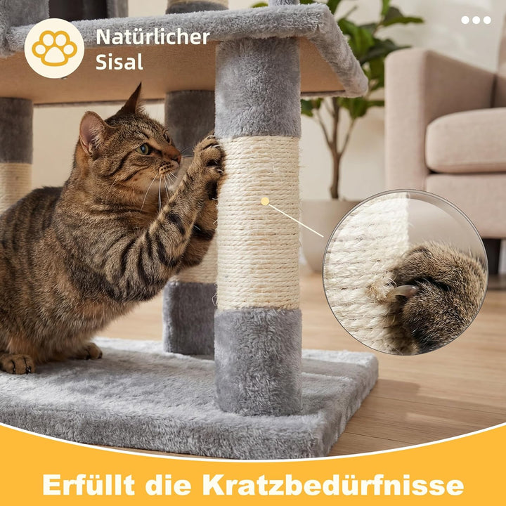 Hey-brother Kratzbaum, 111 cm Katzenbaum mit Spielzeug, Katzenkratzbaum mit Plattform, Hängematte un