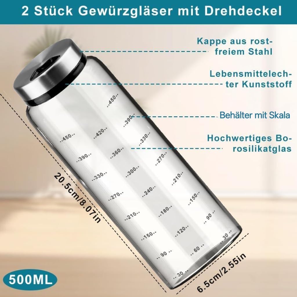 500ml Salzstreuer Gross mit Deckel, Borosilikatglas Gewürzstreuer Gross, Gewürzdosen Gross mit 4 Art
