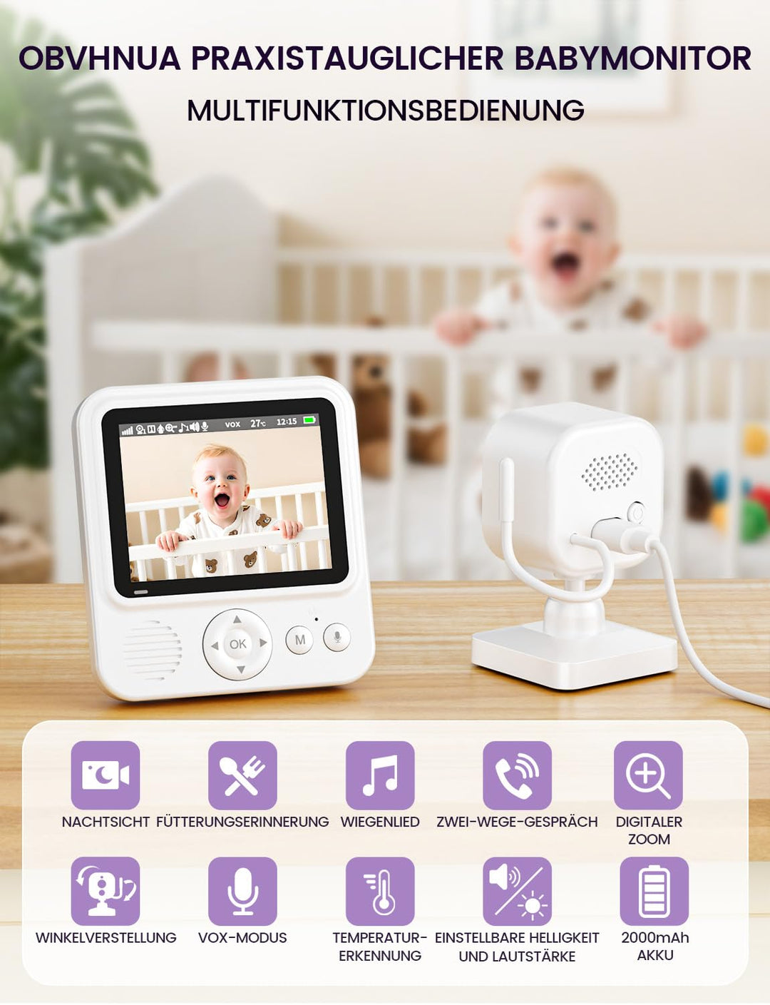 OBVHNUA Baby Monitor Video und Audio 2,8 Zoll 720P LCD IPS 2000mAh USB-C Baby Phone mit digitalem Zo