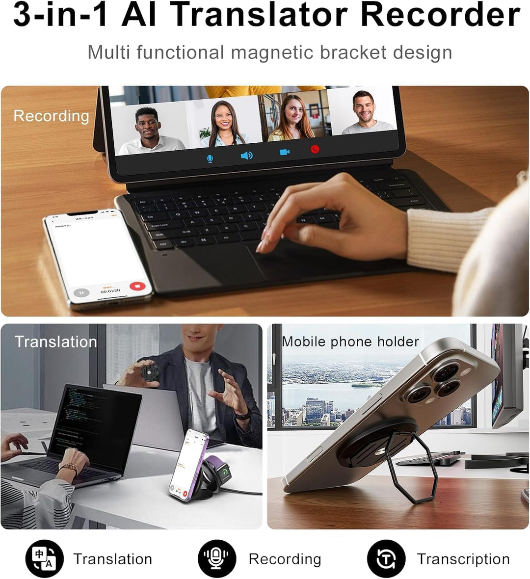 AI Digital Voice Recorder, 64 GB Recording Device with ChatGPT 4o for Transcribing and Summarizing f