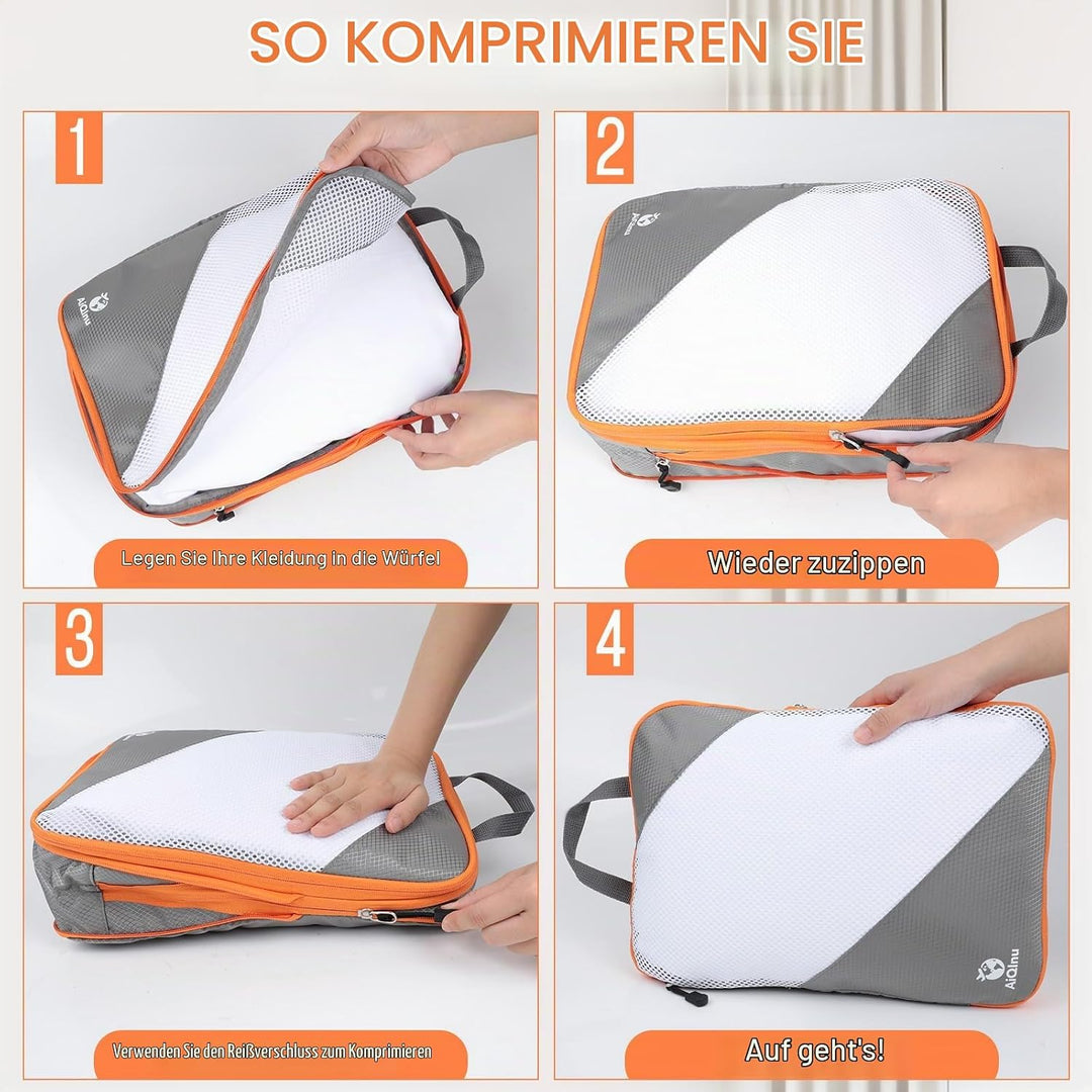 AiQInu Packing Cubes Compression, 5 Stück Packtaschen Kompression Koffer Organizer Set mit Wäschebeu