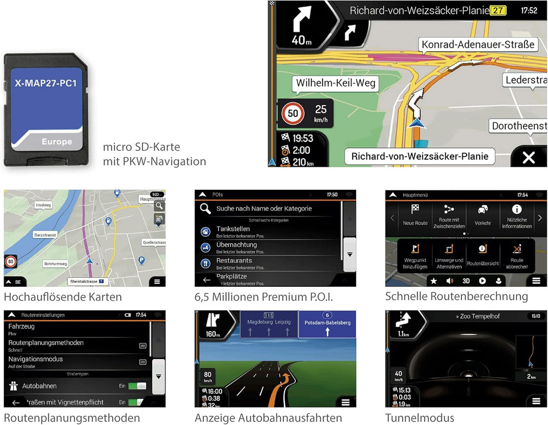 X-MAP27-PC1: Micro SD-Karte mit PKW Navigation für XZENT Infotainer X-427, Karten für Europa, Premiu