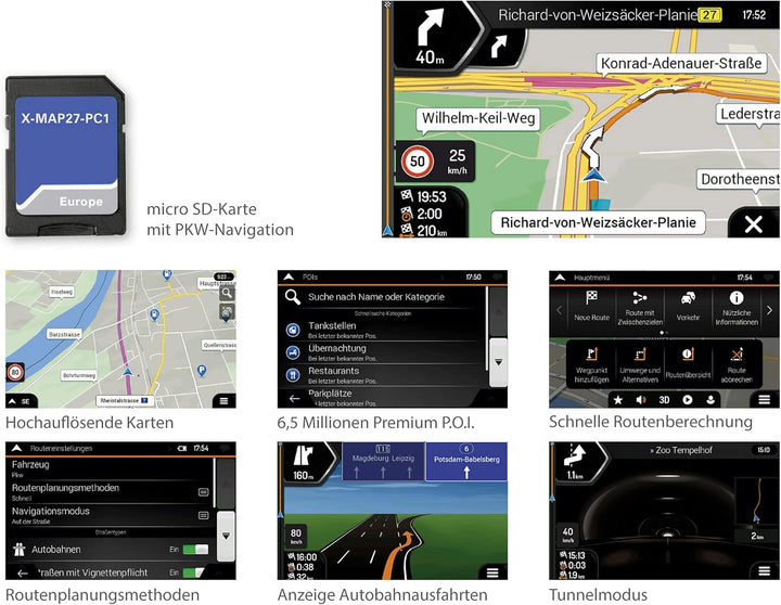 X-MAP27-PC1: Micro SD-Karte mit PKW Navigation für XZENT Infotainer X-427, Karten für Europa, Premiu