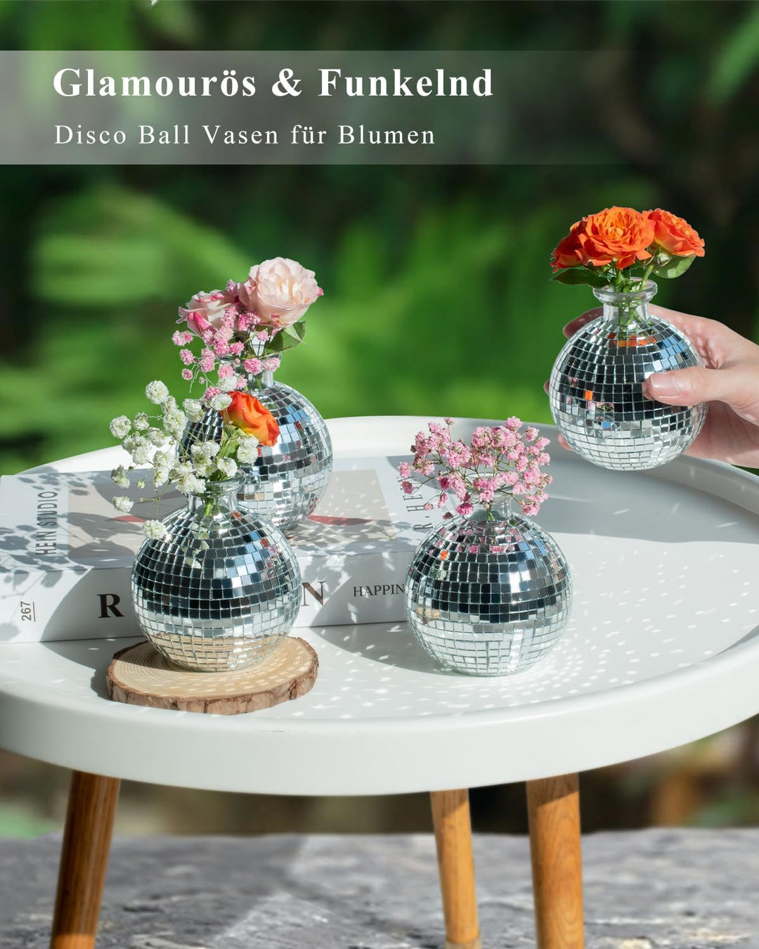 Disco Ball Vase Deko Kugel Pflanzgefäss für Zentrumsschmuck, Silberne Spiegelglas-Dekoration für Tis