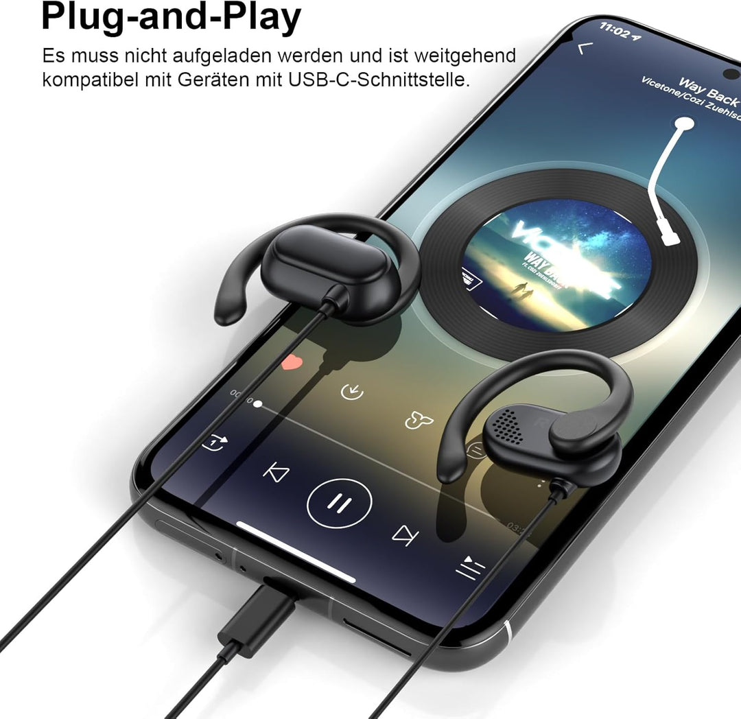 Open-Ear Kopfhörer USB C Sport Verstellbare Ohrhaken Mikrofon & Lautstärkeregler Typ C Kopfhörer mit