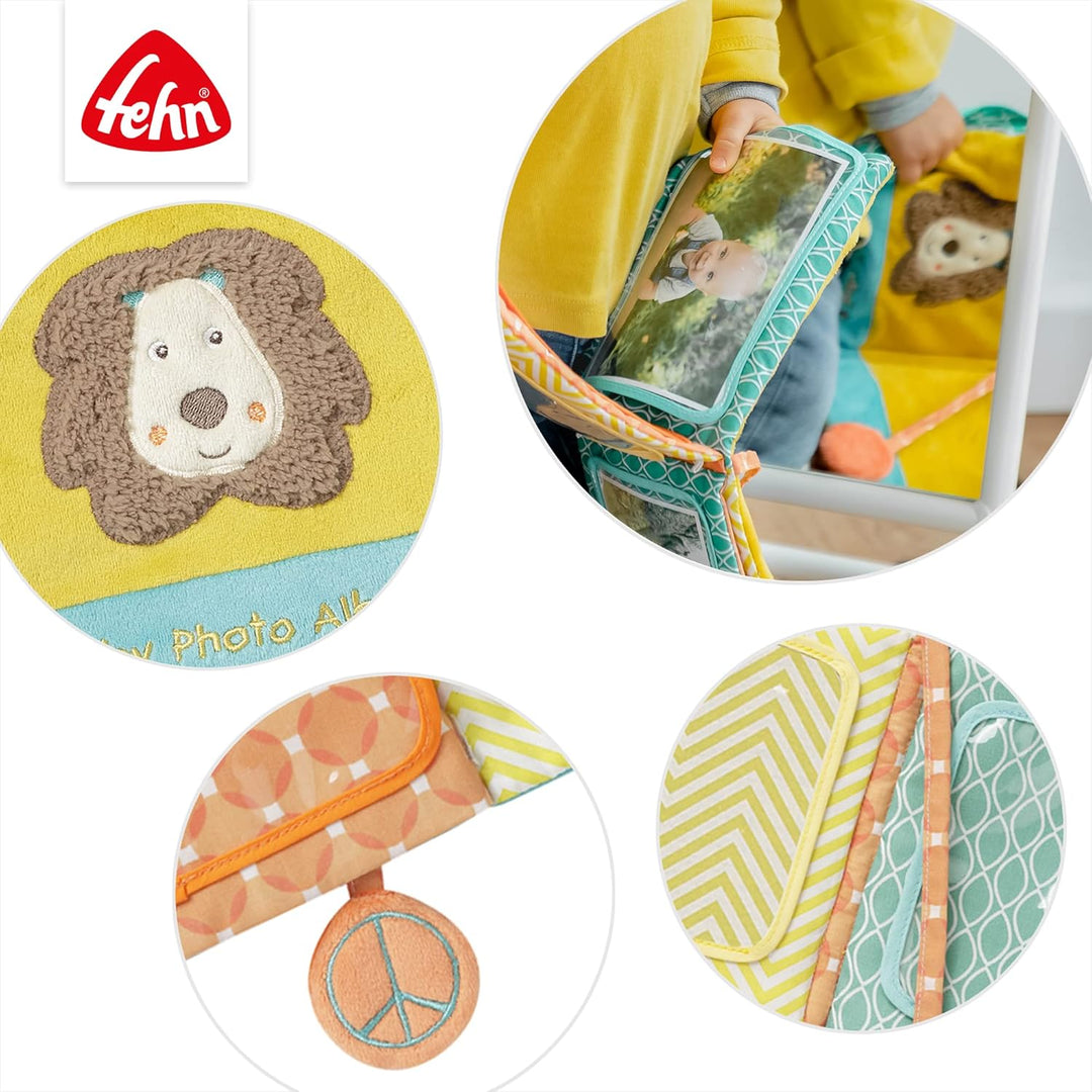 Fehn Fotoalbum Löwe – Erinnerungsbuch Fotobuch zum Selbstgestalten und Fühlen aus Stoff – Babyalbum