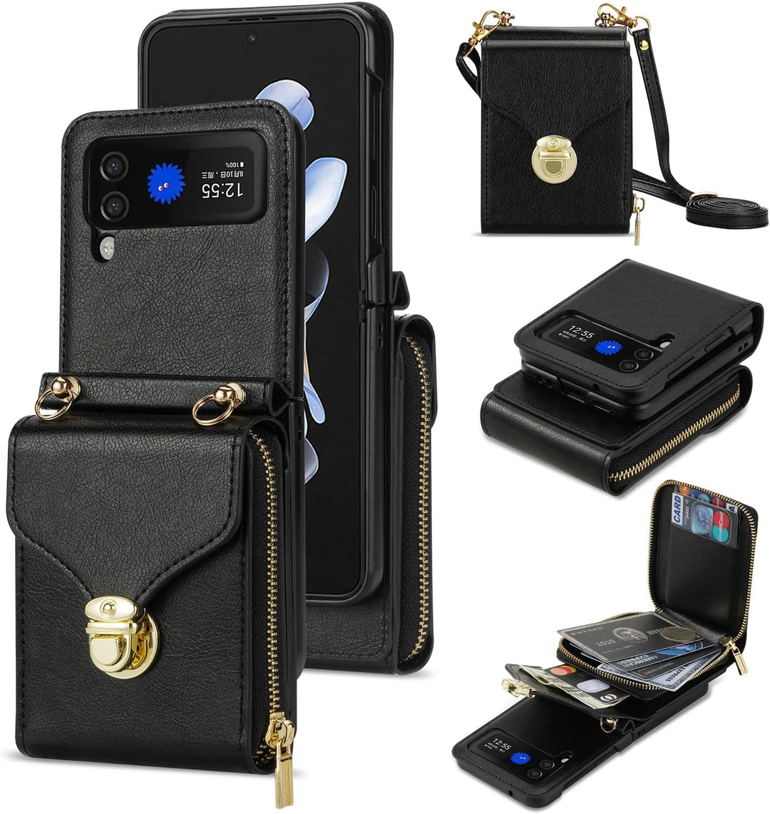 UDBKKDX Brieftasche Handyhülle für Samsung Galaxy Z Flip 5, Schnalle Frauen Mattes Leder hülle mit B