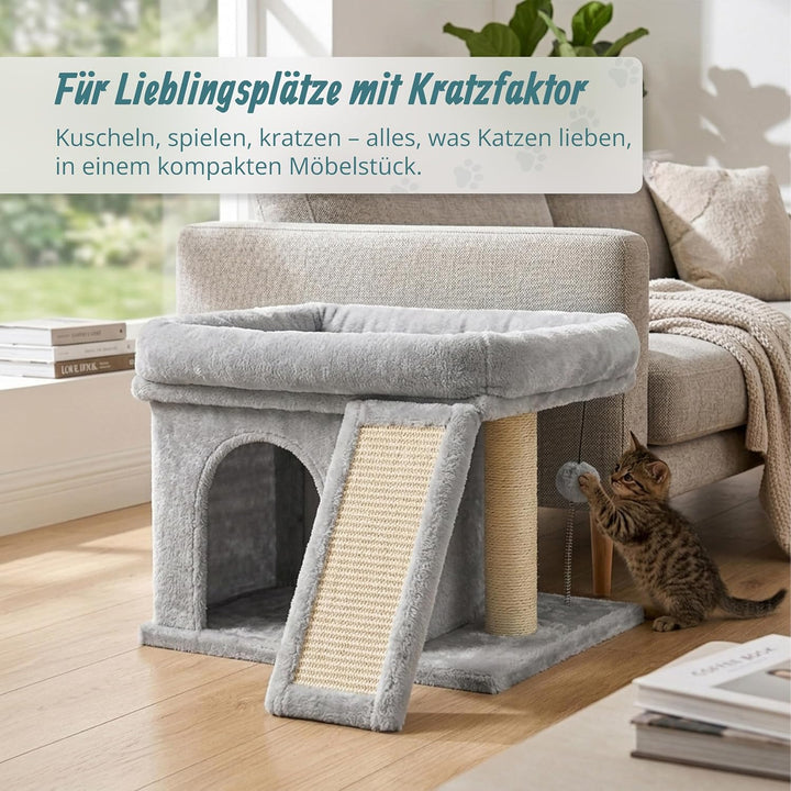 Relaxdays Kratzbaum, mit Höhle, Kratzbrett &amp; Liegefläche, hellgrau | weiche Katzenhöhle, HxBxT: 38,5