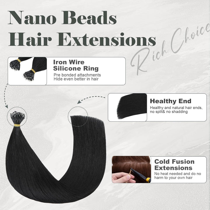 Rich Choices Nanoring Extensions Echthaar Nano Extensions 40cm #1 Lackschwarz Unsichtbare Haarverlän