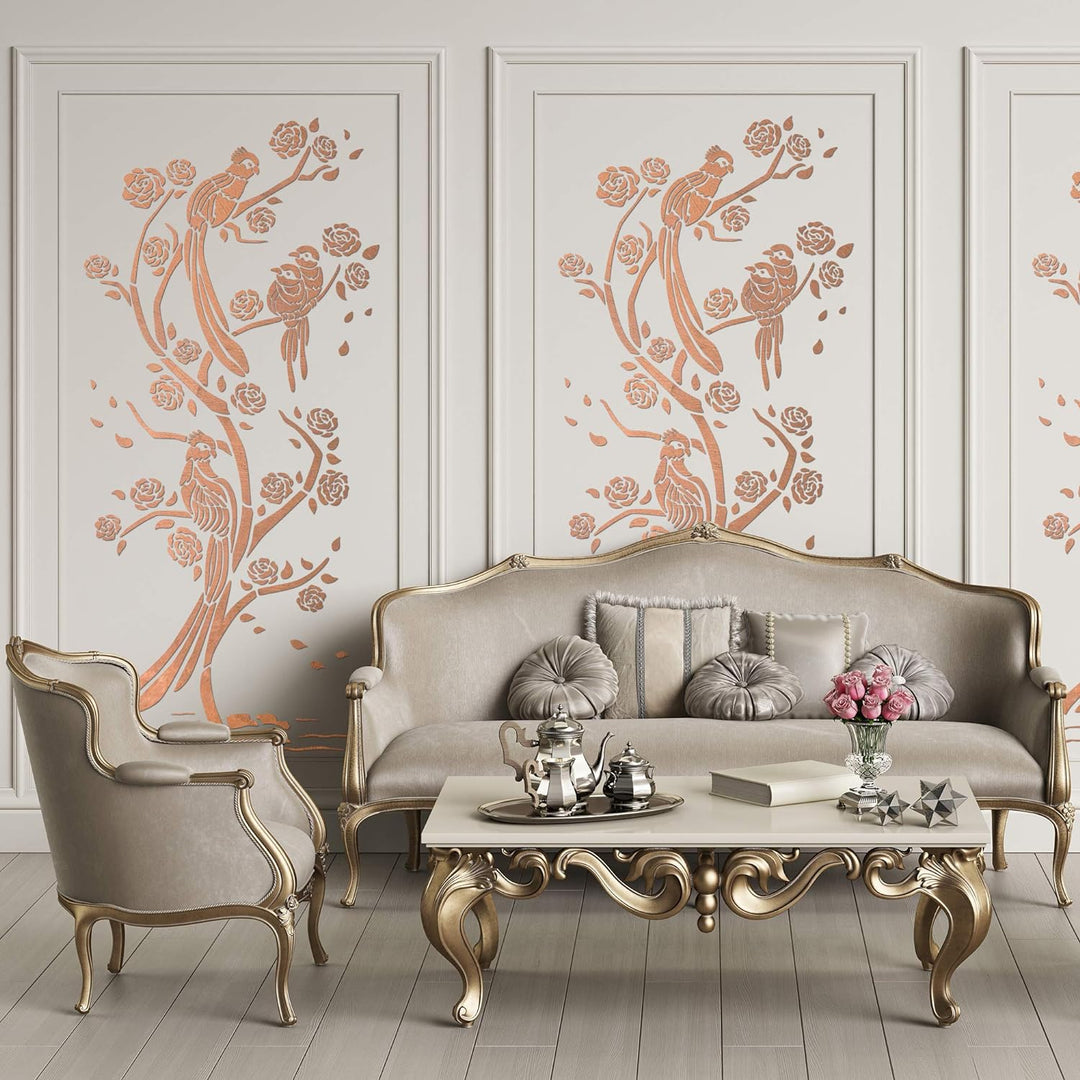 Wiederverwendbare Wandschablone aus Kunststoff // 59x95cm // Chinesische Vögel - Chinoiserie #1 // M