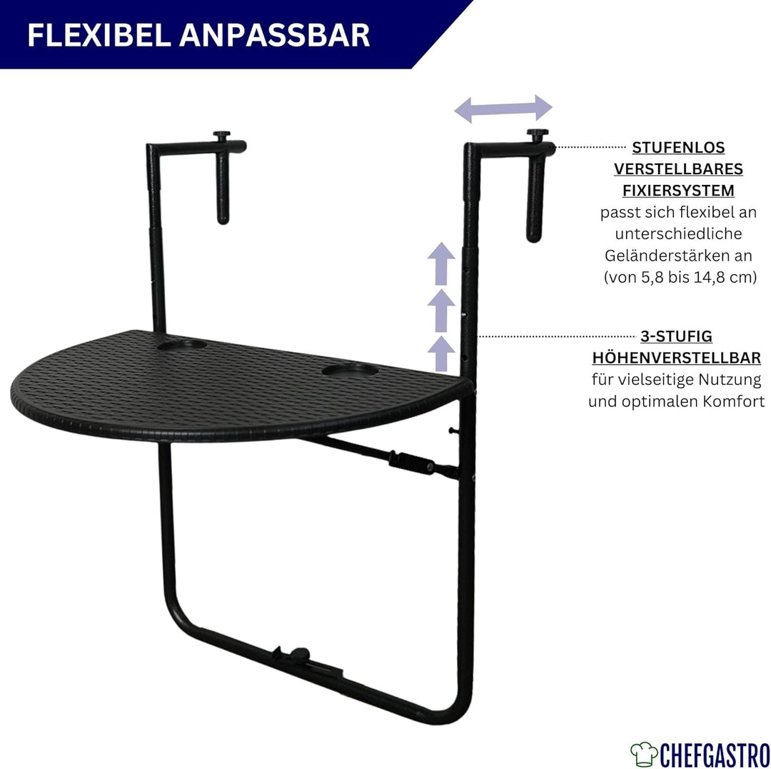 CHEFGASTRO Balkonhängetisch klappbar wetterfest 3-Fach höhenverstellbar 60x40cm Metall Rattan Optik