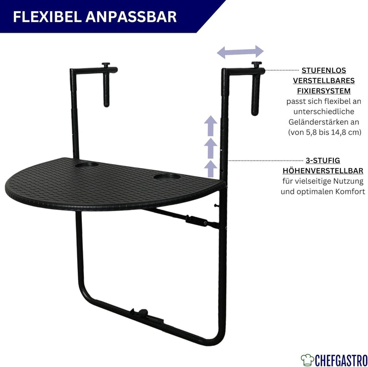 CHEFGASTRO Balkonhängetisch klappbar wetterfest 3-Fach höhenverstellbar 60x40cm Metall Rattan Optik