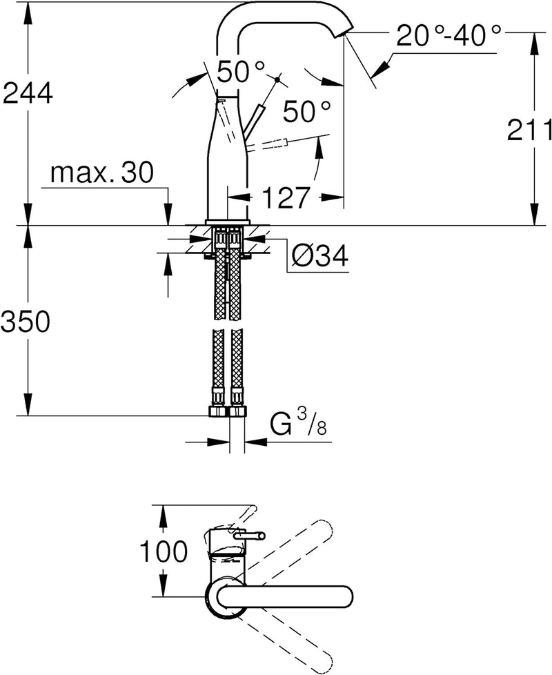 GROHE Essence - Einhand-Waschtischarmatur (wassersparend, DN15, L-Size), chrom, 23541001 L Glatter K