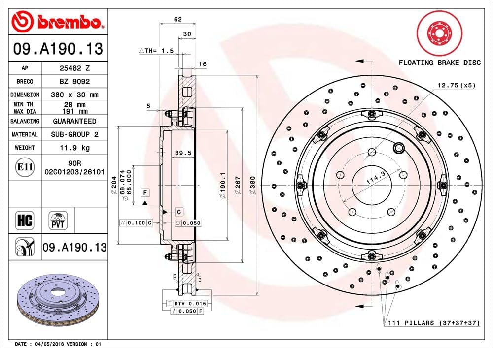 Brembo 09.A190.13 - Hintere Bremsscheibe mit UV-Lackierung