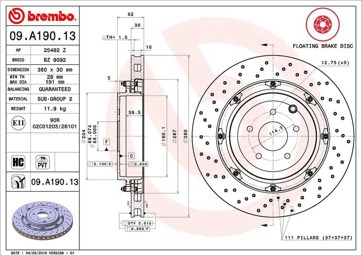 Brembo 09.A190.13 - Hintere Bremsscheibe mit UV-Lackierung