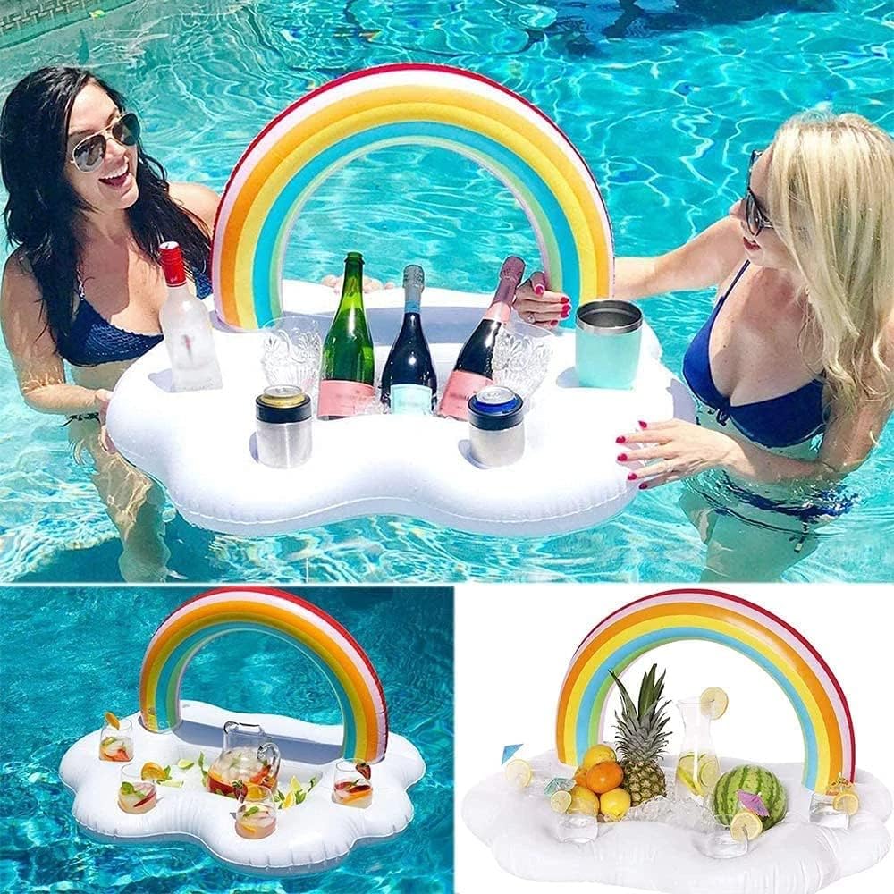 Morofme Regenbogen Getränkehalter Pool, 2in1 Snacks Poolbar Aufblasbar, 5 Löcher Aufblasbarer Geträn