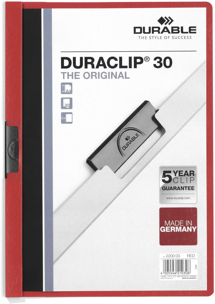 Durable Klemm-Mappe Duraclip Original 30 (für 1-30 Blatt A4), 25 Stück, rot, 220003 rot 1 - 30 Blatt