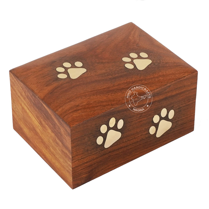 Hind Handicrafts Urne für Hunde und Katzen, mit eingelegtem Rosenholz, mit Messingpfoten, Erinnerung
