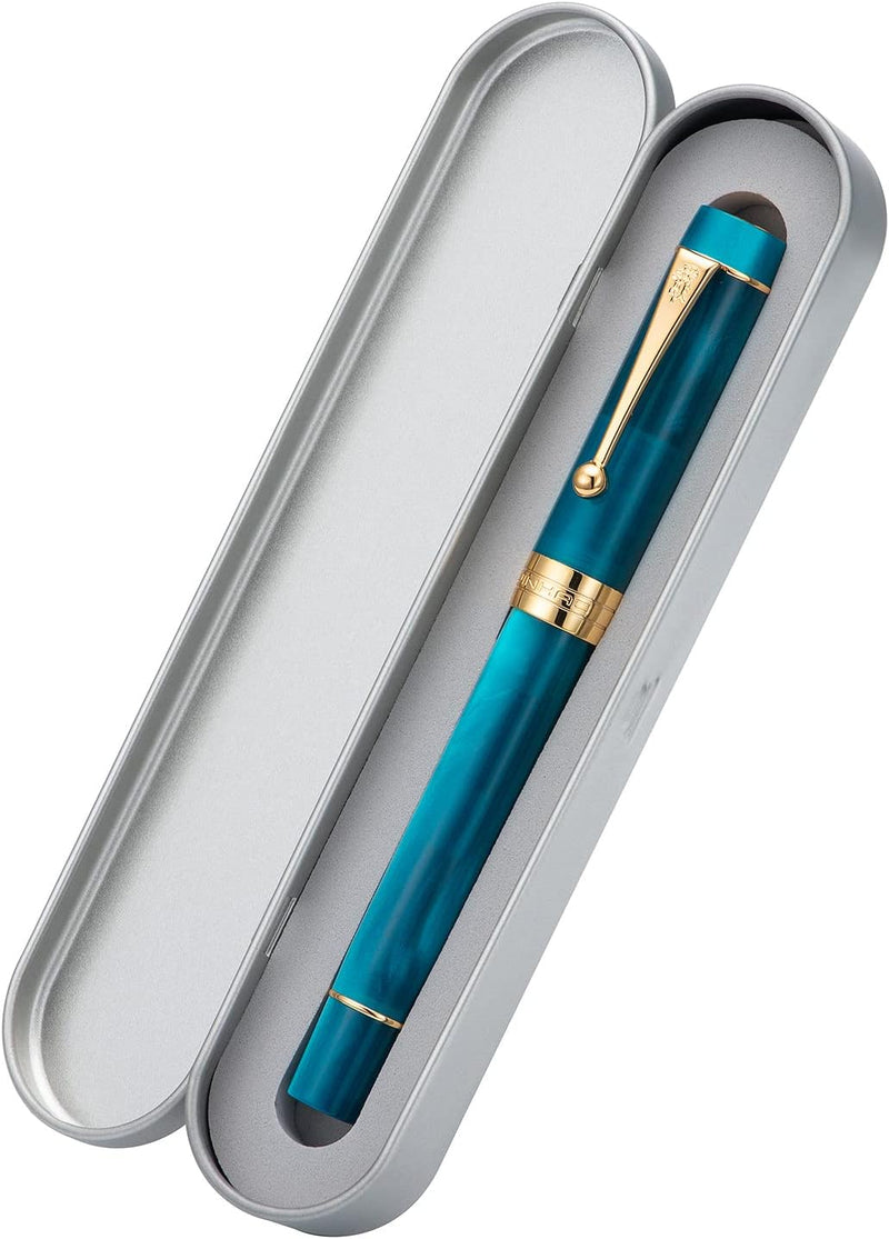 Jinhao Classic Füllfederhalter Pfauenblau Zelluloid Feine Feder mit Konveter und Stifteetui Set Pfau