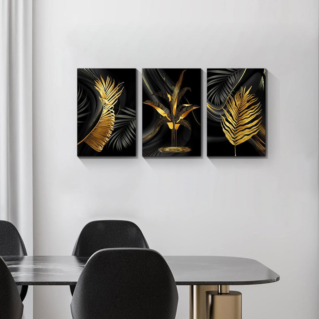 3 Teilig Goldenes Blatt Leinwandbilder Bilder Abstrakt Palmblatt Farn botanisch Blätter bild auf lei