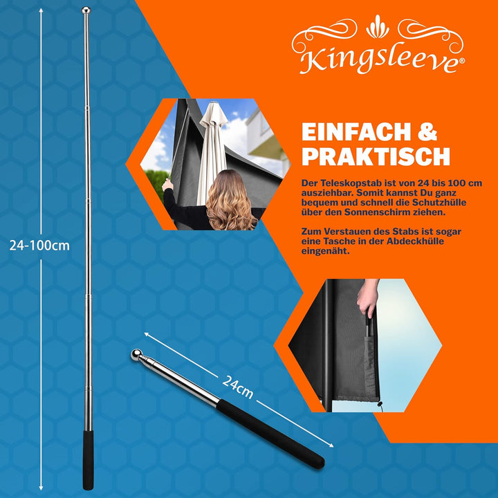 KINGSLEEVE® Sonnenschirm Schutzhülle mit Stab bis Ø 350 cm Winterfest Gross Ampelschirm Gartenschirm