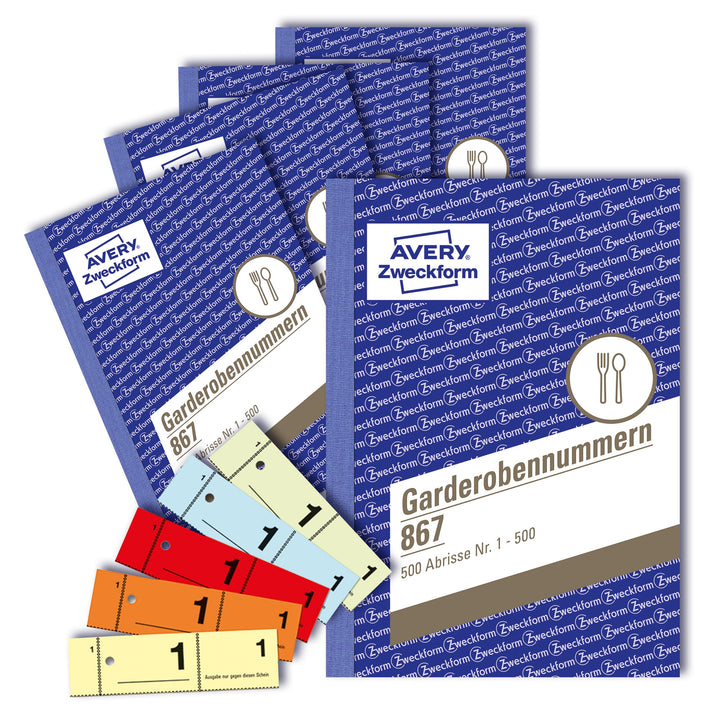 AVERY Zweckform 867-5 Garderobennummern (A6, 2.500 durchnummerierte Abrisse von 1-500 pro Block, je
