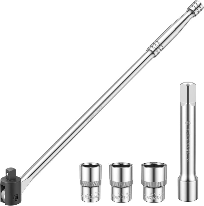 MAXPOWER 450mm Breaker Bar 1/2 zoll Gelenkgriff mit 17 mm/19 mm/21 mm Steckschlüssel 125mm Erweiteru