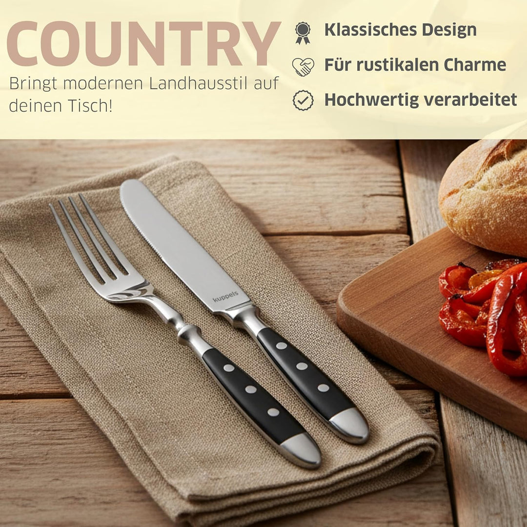 Kuppels COUNTRY Besteck Set 6 Personen 30-teilig, schwarzes Edelstahlbesteck mit 3-fach genieteten K