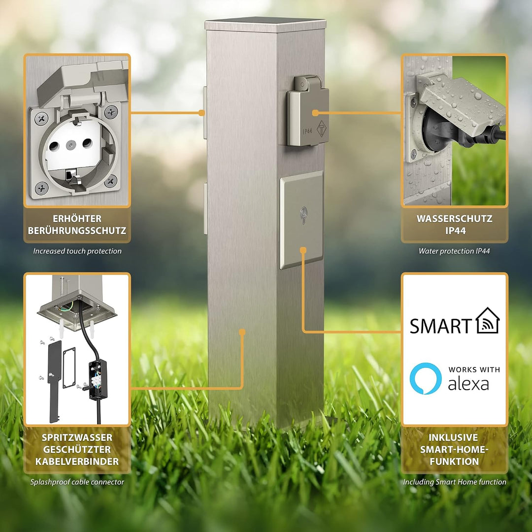 ledscom.de 2X Garten Steckdosensäule Polly für aussen, IP44, Smart Home, WLAN, Alexa, 3-Fach, Edelst