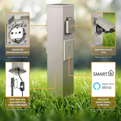 ledscom.de 2X Garten-Steckdosen-Säule Polly mit Erdspiess für aussen, 3-Fach, Smart Home, Edelstahl,