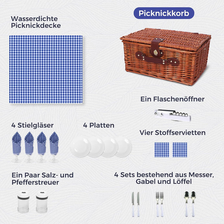 Picknickkorb Set für 4 Person mit Kühlfach und wasserdichte Picknickdecke, Abnehmbarer Riemen, Beste