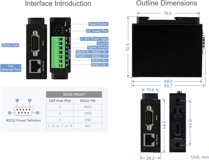 RS232/485/422 zu RJ45 Ethernet Konverter, TCP/IP zu Seriell, Modbus Gateway, Industrieller Isolierte