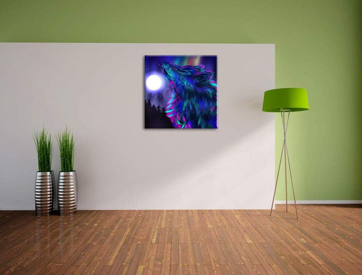 Abstrakter Wolf mit Mond, Format: 70x70 auf Leinwand, XXL riesige Bilder fertig gerahmt mit Keilrahm
