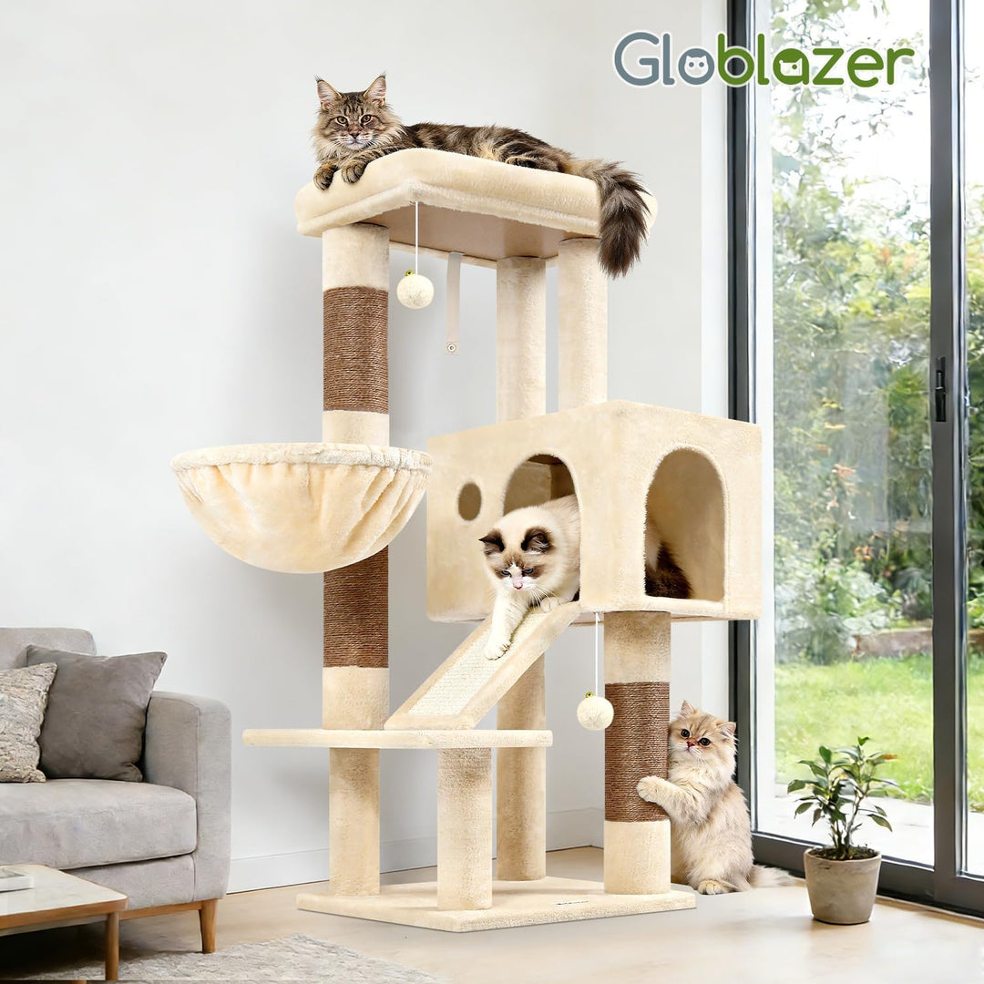 Globlazer Kratzbaum Beige Stabil mit 8 cm Dicker Stämme, Gross Katzenhaus, Gepolsterte Plattform, Ve