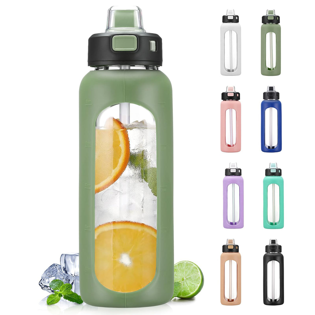 BLUEGO 700ml Trinkflasche Glas mit Strohhalm und Griff Auslaufsichere Wasserflasche mit Silikonhülle