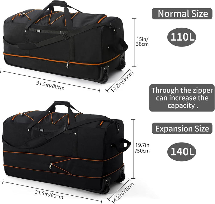 Vomgomfom 32" 110L Erweiterbar 140L Reisetasche mit 2-Inline-Rädern, Faltbare Extra Grosse Sporttasc