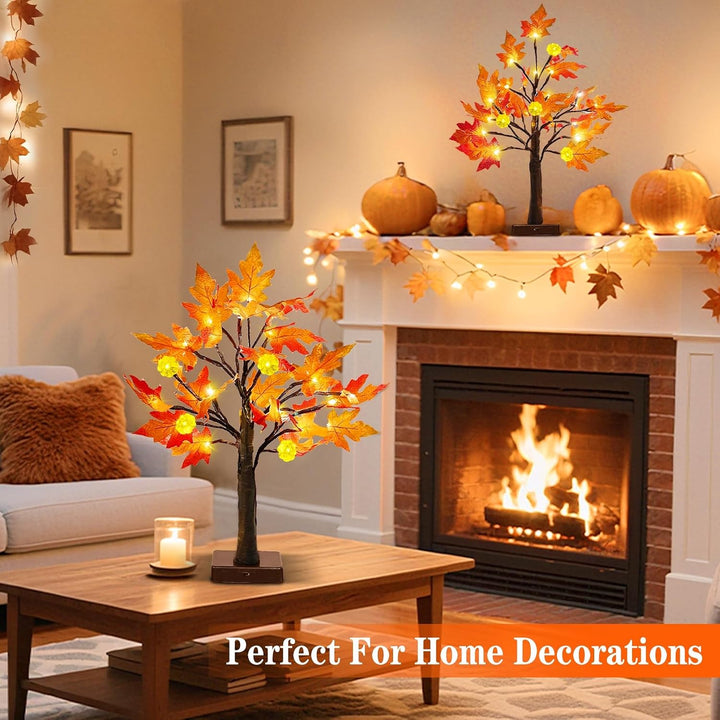 TURNMEON [ 2 Pack &amp; Timer 24 Inch Lighted Maple Tree Fall Decor, Total 48 LED Battery Operated Table