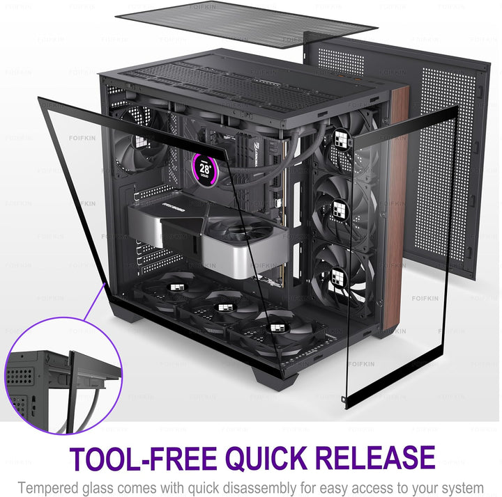 FOIFKIN M9 PC Gehäuse - Walnuss-Frontblende,Vorinstallierte 7 ohne RGB-Lüfter, ATX Mid-Tower Gaming