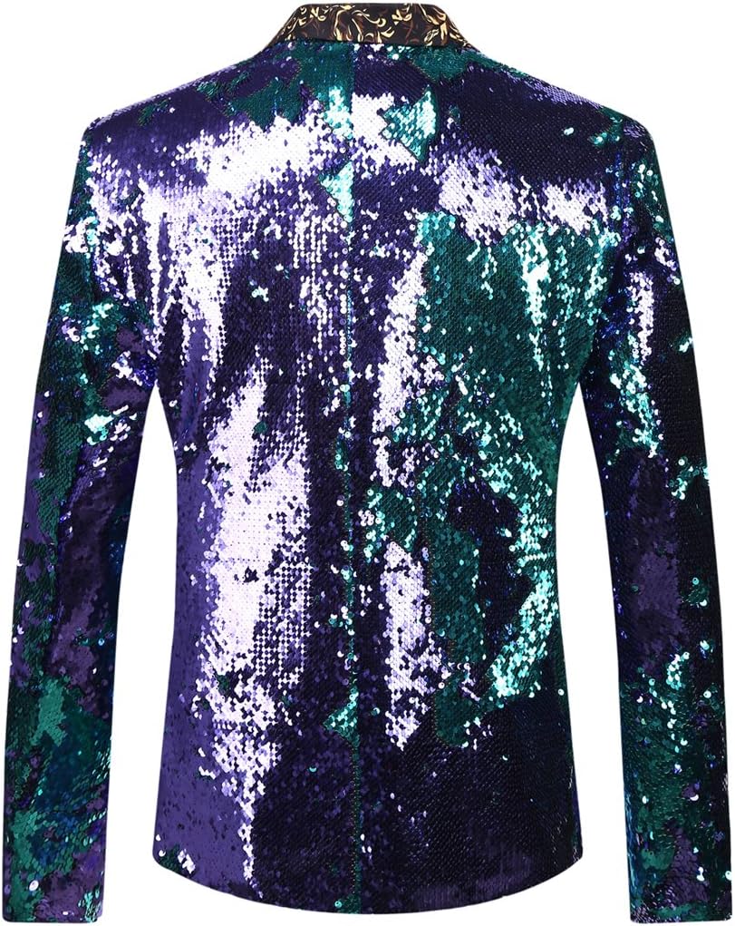PYJTRL Herren-Blazer mit 2 Farben und glänzenden Pailletten XS Blau + Violett, XS Blau + Violett